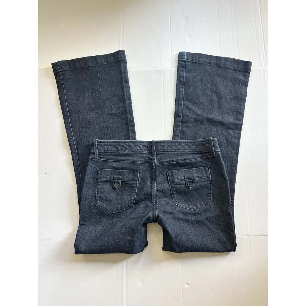 2000s Low Rise Flared Jeans Button Y2K Grunge Office Siren Parisian Twee Preppy - Picture 2 of 10